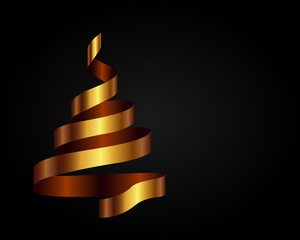 Gold christmas tree made from ribbon on dark background. Vector illustration. Marry Christmas and Happy New Year poster, flyer, gritting card or banner