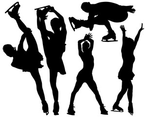 Black silhouettes of figure skaters on a white background © NikolaM