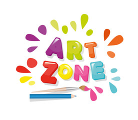 Art zone colorful banner. Cartoon letters and paint splashes.
