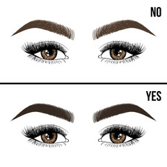 Right and wrong eyebrow coloring and eyebrows shapes. Female eyes and eyebrows vector elements. Types of eye makeup eyebrows. Yes and no vector illustration.