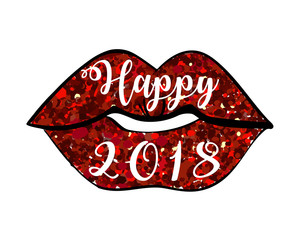 Happy New Year 2018, shining red lips with bright glitter and white outline and inscription Happy 2018 on a black background. Vector illustration