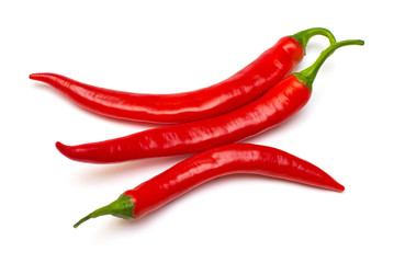 Red chili peppers isolated on white background. Creative spicy sharp. Flat lay, top view