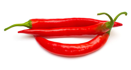 Red chili peppers isolated on white background. Creative spicy sharp. Flat lay, top view
