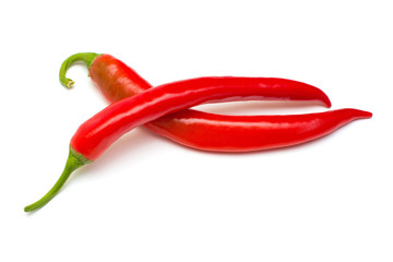 Red chili peppers isolated on white background. Creative spicy sharp. Flat lay, top view