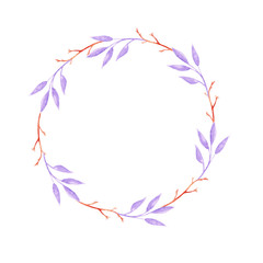 Fototapeta na wymiar Watercolor violet leaf wreath. Invitation for a wedding. For card, design, print or background