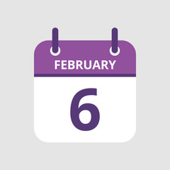 Flat icon calendar 6th of February isolated on gray background. Vector illustration.