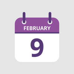 Flat icon calendar 9th of February isolated on gray background. Vector illustration.