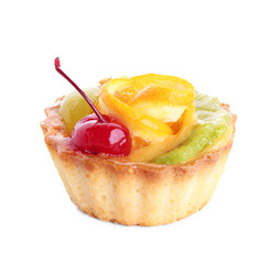 Tasty fruit tartlet on white background