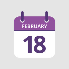 Flat icon calendar 18th of February isolated on gray background. Vector illustration.