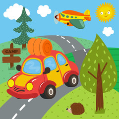 Plakat car trip for outdoor recreation - vector illustration, eps 