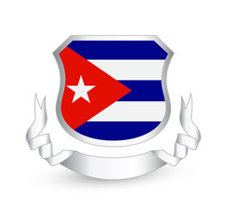 Obraz premium Cuba flag in shield and ribbon