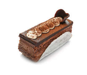 Tasty chocolate cake on white background