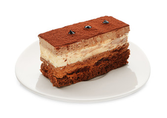 Tasty chocolate cake on white background