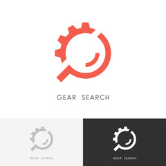 Fototapeta na wymiar Gear search logo - wheel or pinion and loupe or magnifier symbol. Industry, equipment and machinery, repair and maintenance vector icon.