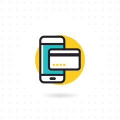 Obraz premium Mobile payment flat icon. Vector flat line illustration. The purchase of a mobile phone icon. Mobile phone with credit card icon. Colored flat line vector illustration