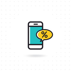 Vector smartphone with a text message discount. Smartphone icon in flat line style. Colored flat line vector illustration. Mobile phone icon