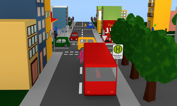 Gefahrensituation um eine Haltestelle für einen Schulbus mit Bus und Kind was dahinter hervor rennt.