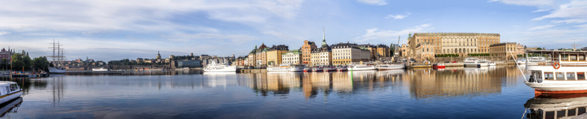 Fototapeta na wymiar Stockholm daylight skyline panorama of Gamla Stan with Royal Palace. Panoramic montage