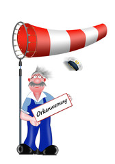 Obraz premium Orkanwarnung für Norddeutschland, Schild mit Wetterfahne und Seemann, weißer Hintergrund