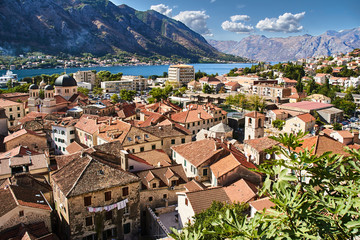 Fototapeta na wymiar View of the mountains, the bay and the city of Kotor in Montenegro.
