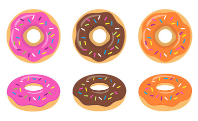 Colorful pink, chocolate, orange glazed donut set on white background. The view from the top and from the side. Vector illustration
