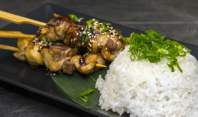 Teriyaki chicken skewers and rice 