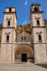 Belfries and entrance to the medieval church in the city of Kotor in Montenegro.