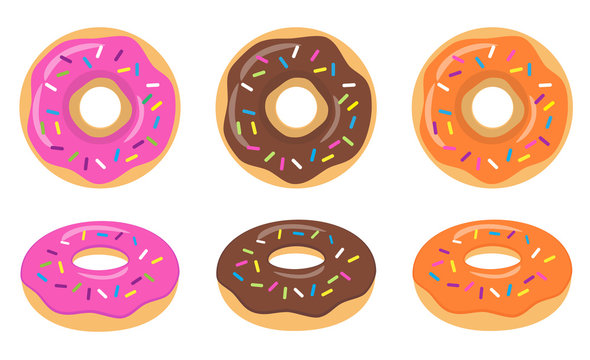 Colorful pink, chocolate, orange glazed donut set on white background. The view from the top and from the side. Vector illustration