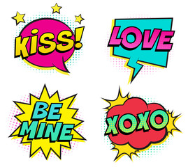 Retro colorful comic speech bubbles set for Valentine's Day. Isolated on white background. Expression text KISS, LOVE, BE MINE, XOXO. Vector illustration, pop art style.