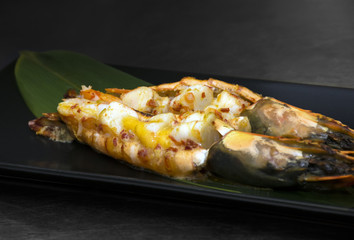 Grilled fried prawns shrimps on plate