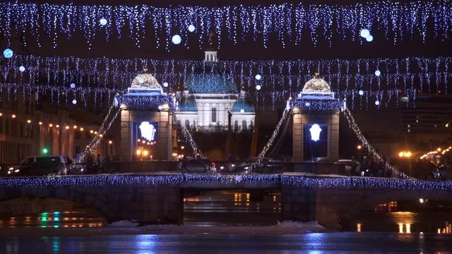 4k, view on Trinity cathedral and Lomonosov bridge in Fontanka river, Saint-Petersburg, Russia