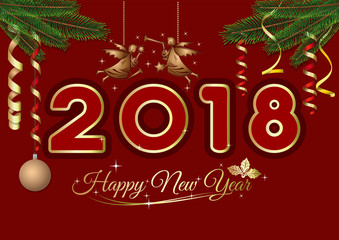 New Year greeting card 2018. Happy New Year 2018. Christmas angels, golden lettering and tree branches on a red festive background. Vector illustration