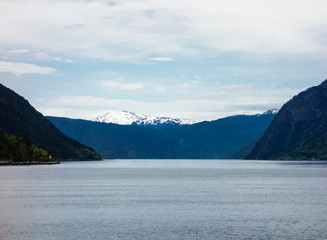 Narrowing cliffs and mountains in Sognefjord, Norway.