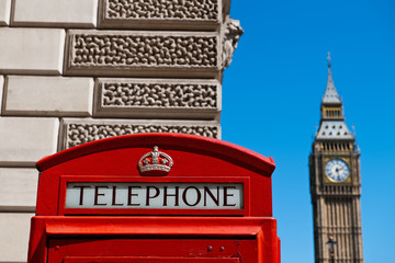 Fototapeta na wymiar Big Ben and a red phone booth, London
