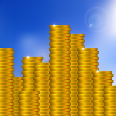 Vector Gold Coins Stack on a Blue Sky Background