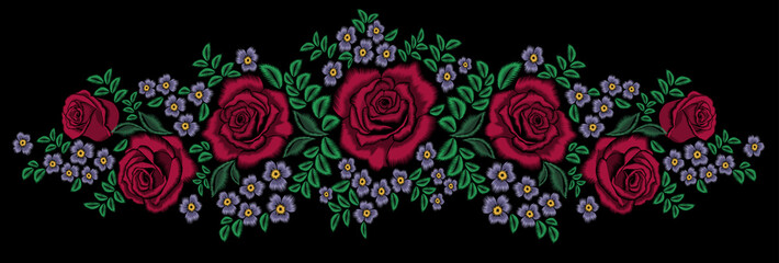 Decorative vector pattern of flowers. Red roses in a bouquet with angular lines or zigzag stitch. A horizontal border of floral prints