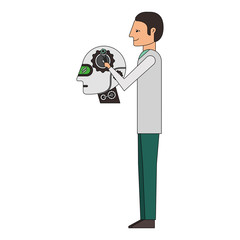 scientist repairing humanoid robot vector illustration design