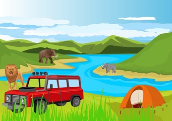 Off road vehicle and camp in outdoor of African landscape. Lion, elephant other African animals.