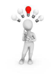 3d white man with red idea lamp.