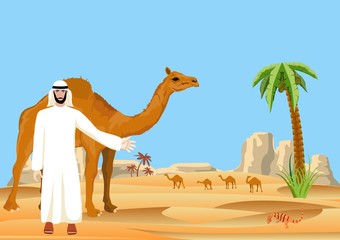 Arabian man in traditional clothes, camel behin him, desert landscape, vector illustration.
