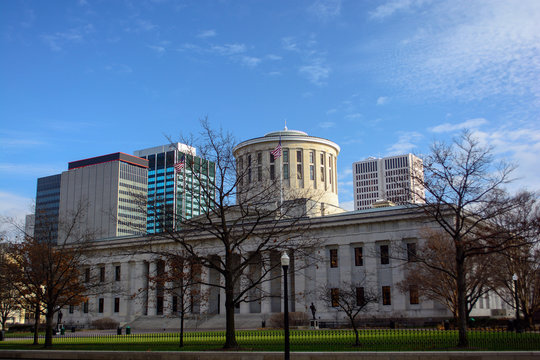 Ohio Statehouse State Capitol Building and the Columbus Skyline on a Sunny Day