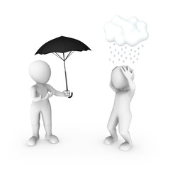 3d small people umbrella and rain. Help concept.