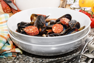 spanish mussel soup with sliced chorizo and tomato sauce