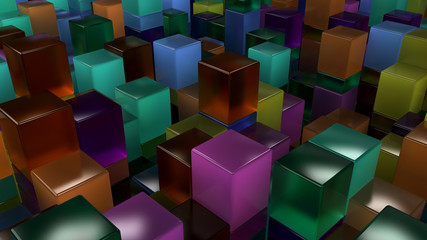 Wall of blue, green, orange and purple glass cubes