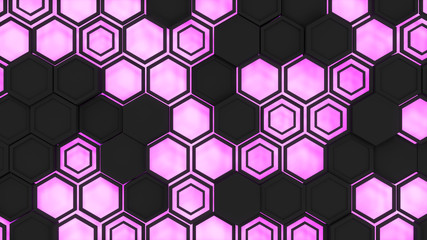Abstract 3d background made of black hexagons on orange purple background