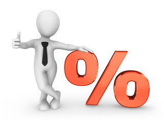 3d businessman, red percent symbol and thumbs up gesture.