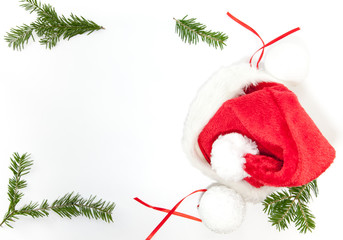 red and white santa christmas hat on white background with copy space