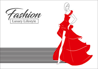Fashion girl. Luxury lifestyle. Vector illustration. Fashion woman model in evening dress