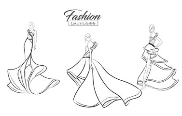 Fashion girl. Luxury lifestyle. A set of fashion sketches. Autumn-winter 2018. Fashion girls on a white background in beautiful evening dresses.