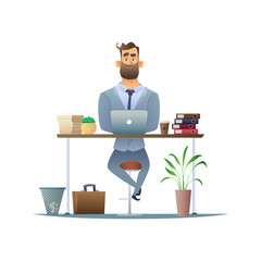 Serious bearded businessman working at the desk on laptop. Manager or employee in the workplace in the office. Business Character design